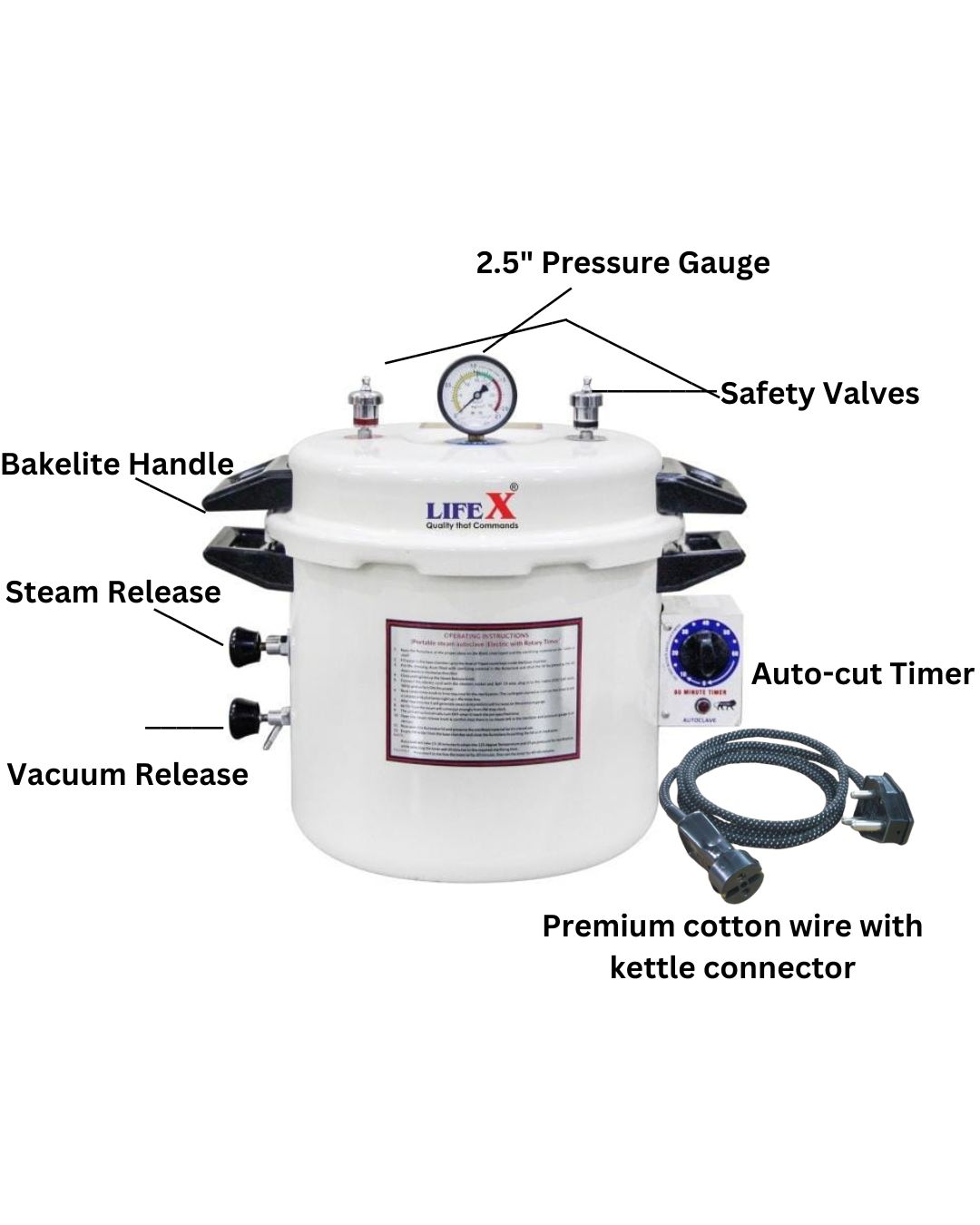 LIFEX Autoclave Sterilizer 23 Litre TMP (12" Dia. X 12''H) With Timer And Powder Coating | CDSCO Class C License | Epoxy Coated Deluxe Electric Autoclave Cooker Type To Sterilize Medical Equipment