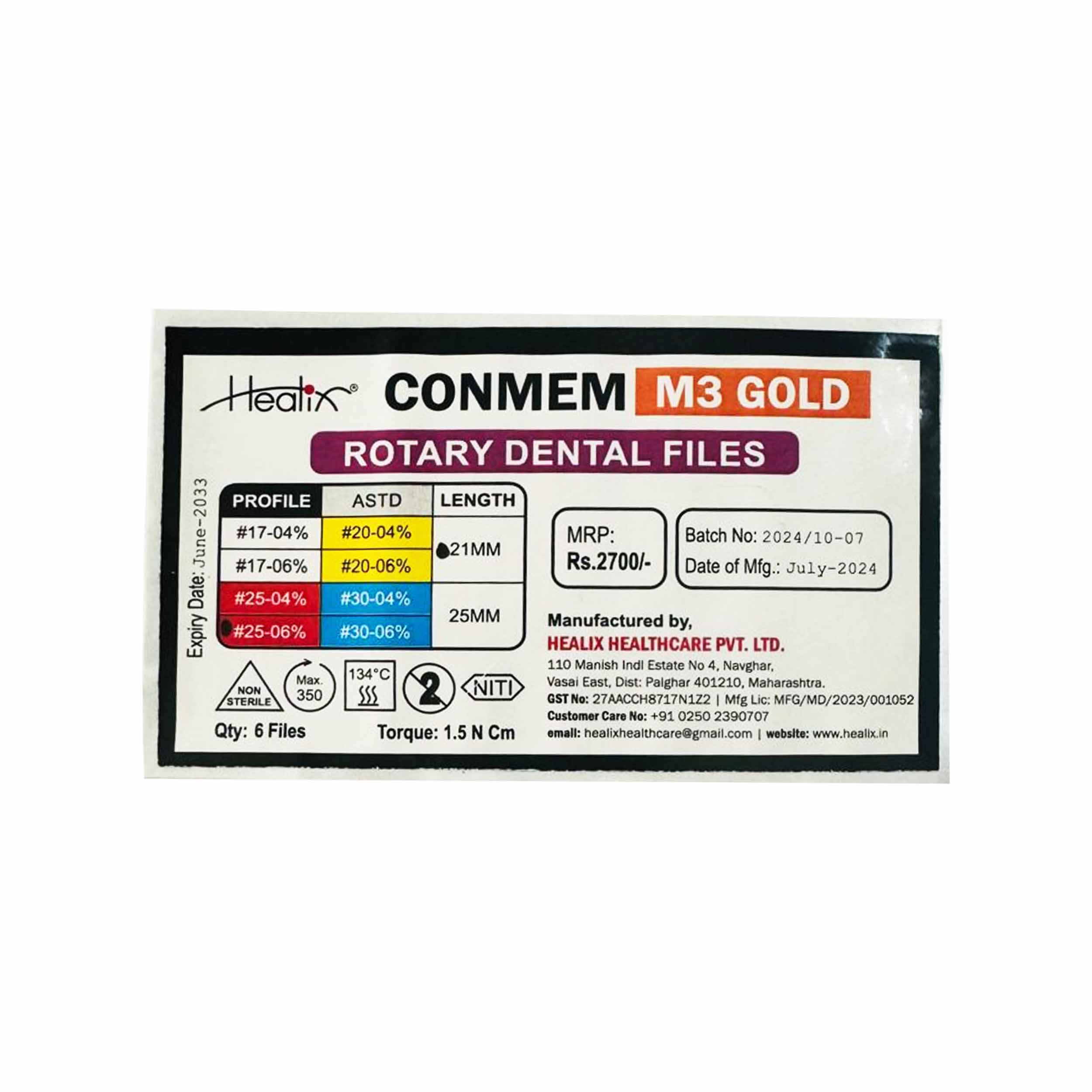 Healix Conmem Pro Gold Rotary Dental Files25-06% 21mm