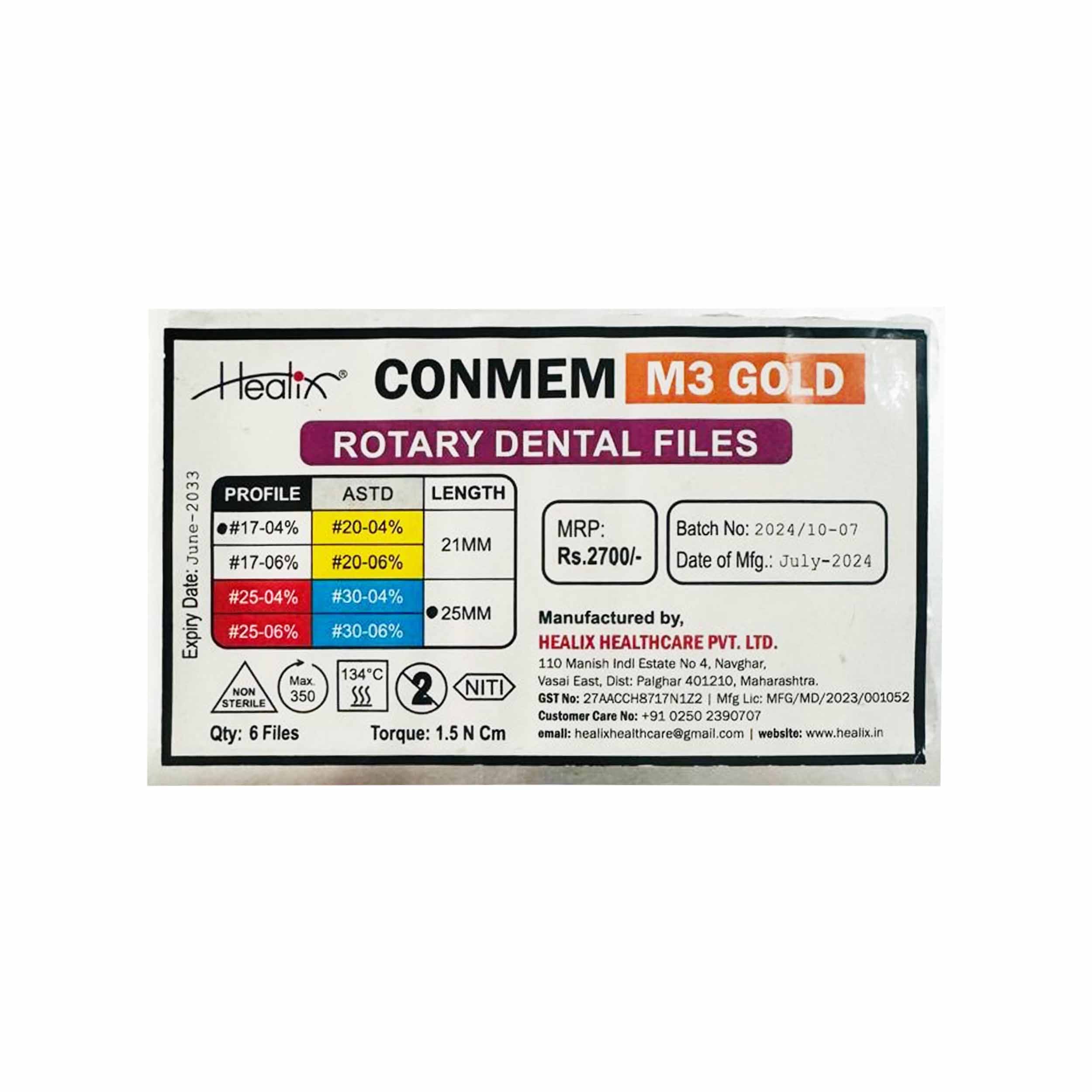 Healix Conmem Pro Gold Rotary Dental Files17-04% 25mm