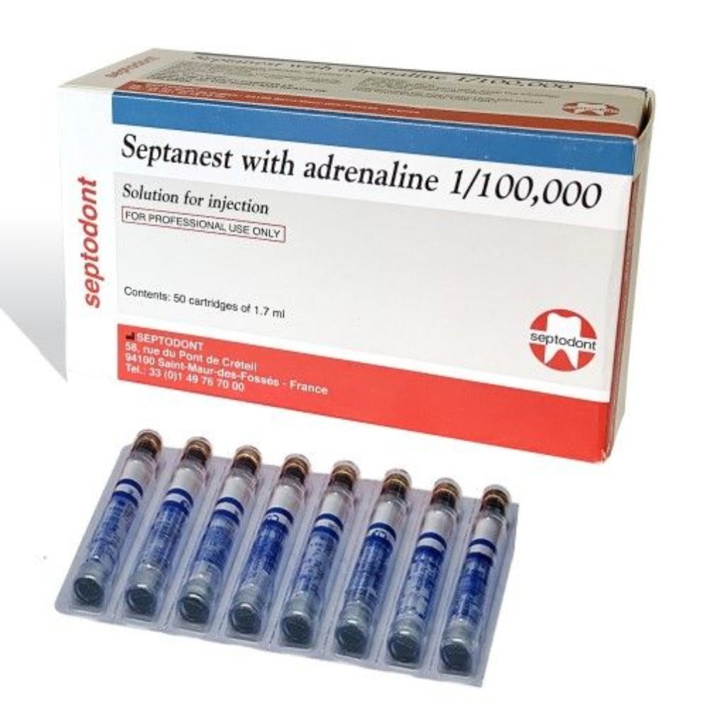 Septodont Septanest With Adrenaline 1:100,000 Pack Of 50 Cartridges Of 1.7ml