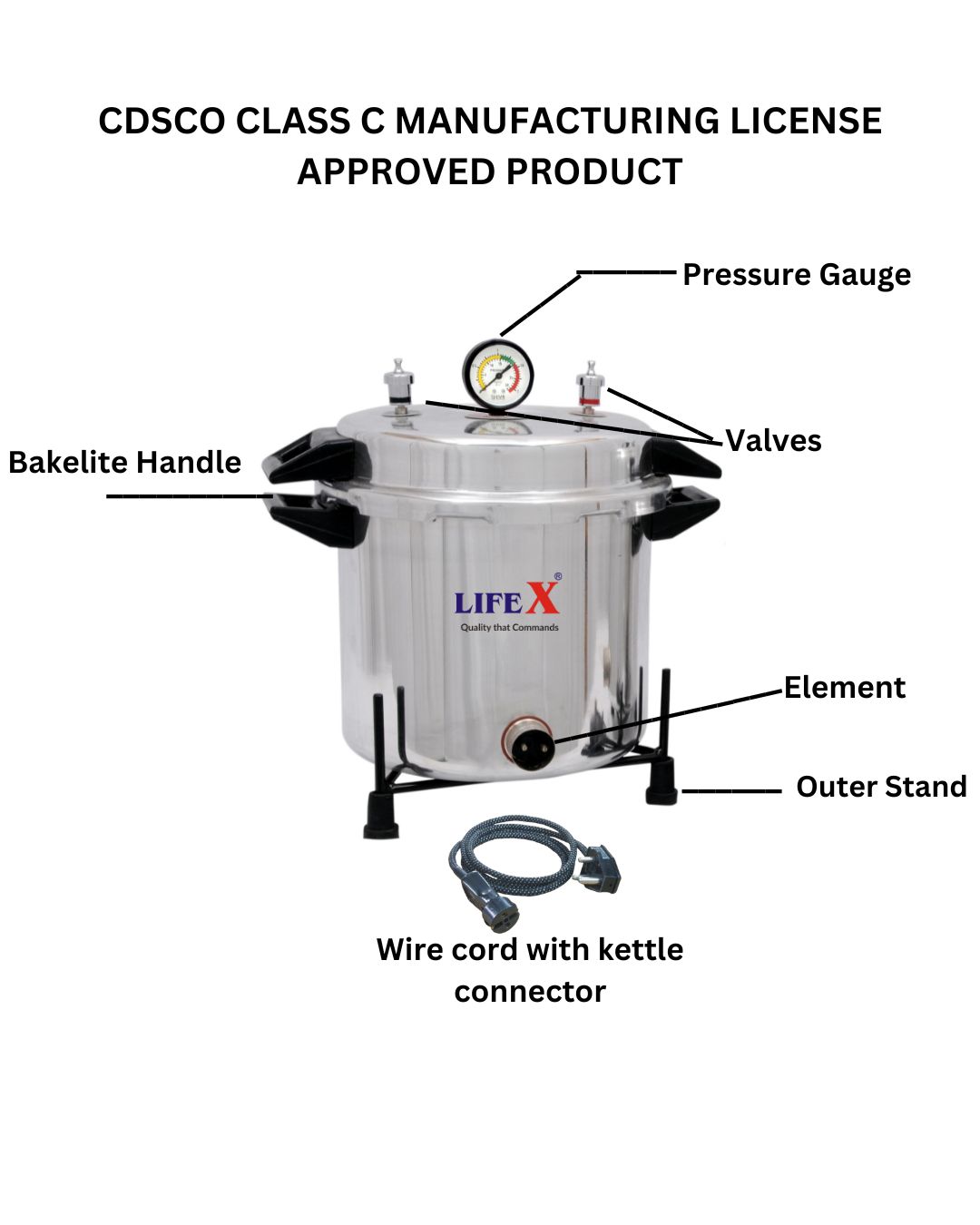 LIFEX Autoclave Sterilizer 23 Litre Super Deluxe (12"Dia. X 12''H) | CDSCO | Aluminum Mirror Finish Electric Autoclave Cooker Type To Sterilize Medical Equipment For Hospitals, Clinics & Laboratories