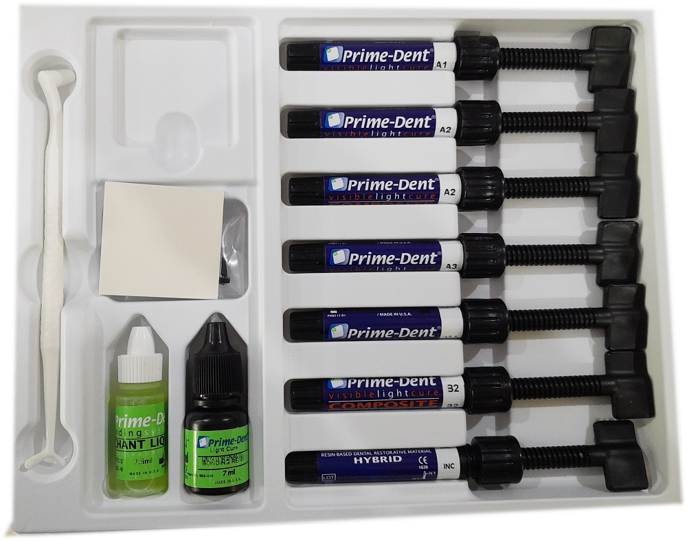 Prime Dent Light Cured Resin Based Dental Composite  Restorative Material 7 Syringe Kit For Cavity Preparation