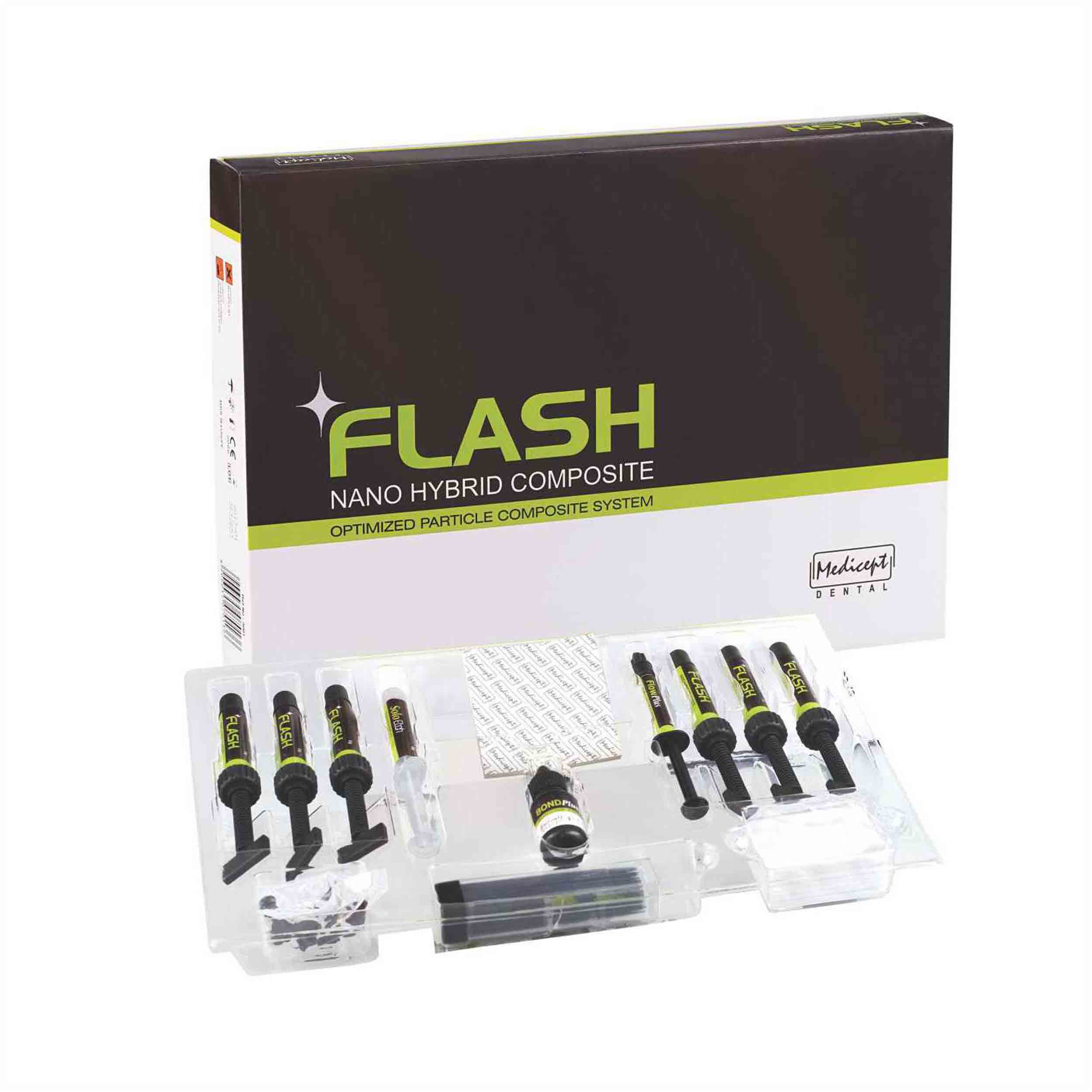 Medicept Flash Nanohybrid Composite kit	6x5gm syg,1x2g flow 5ml bond, 3g etch, 50 micro brush Kit