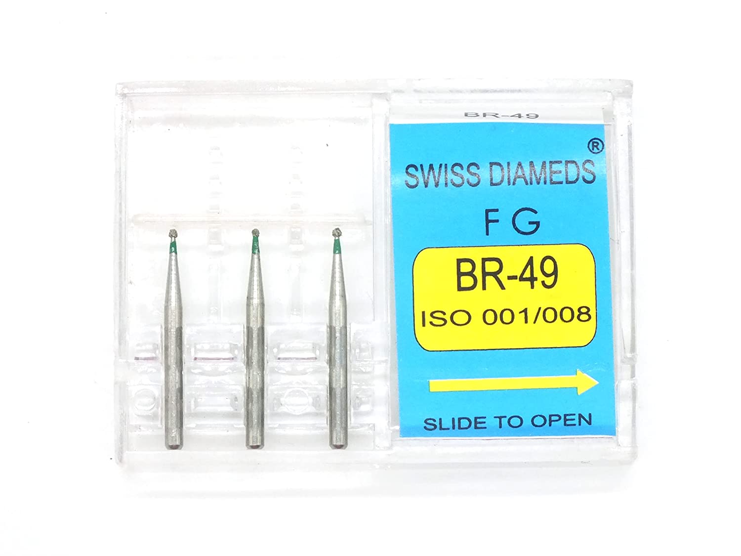 ADDLER DENTAL DIAMOND BUR BR-49 FG AIR ROTOR SWISS DIA PREMIUM BURS. EXCELLENT DIAMOND GRAINS FOR HIGH SPEED ROTOR. PACK OF 3 BURS