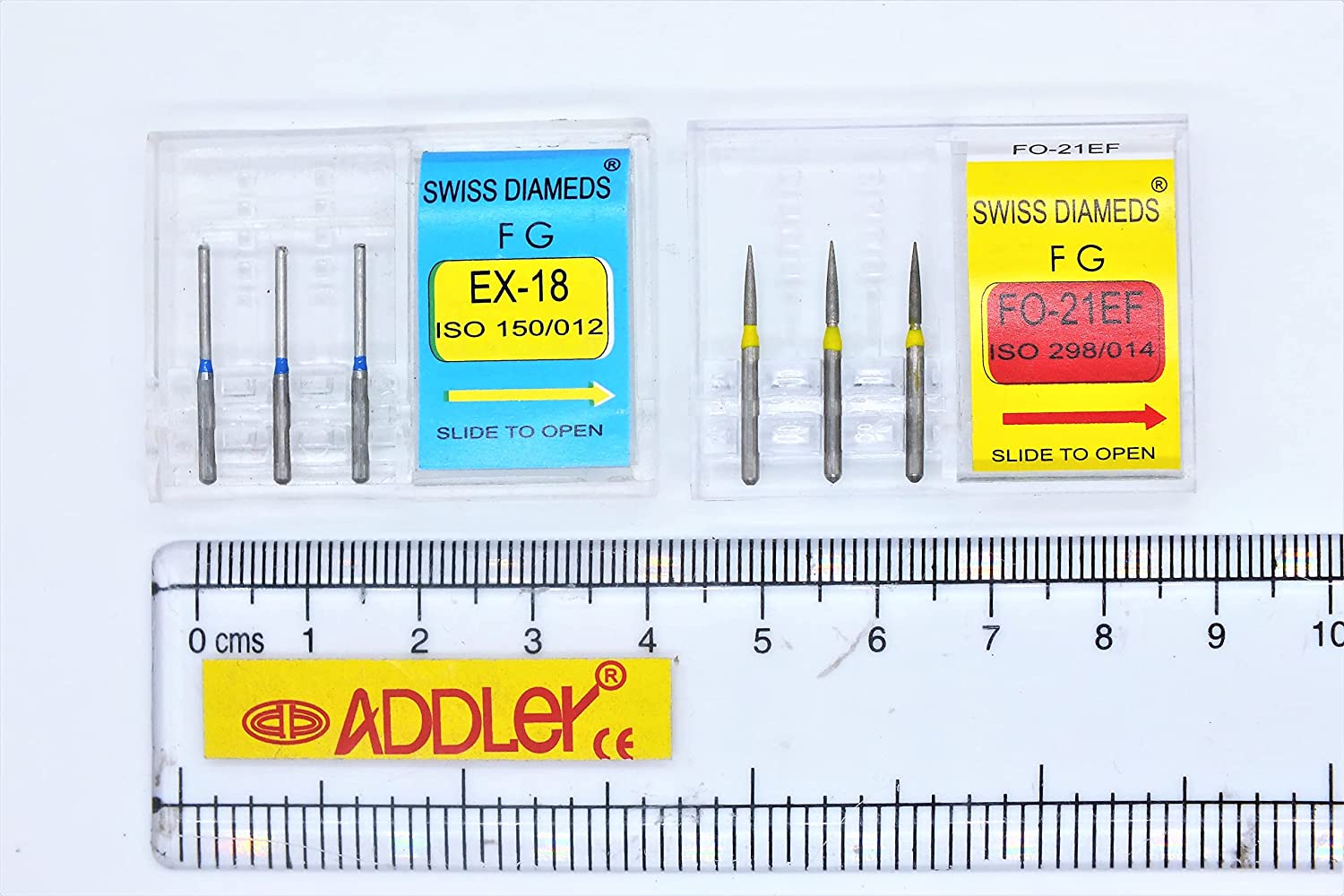 DENTAL BURS FG DIAMOND COATED SWISS DIA EX-18 & FO-21EF HIGH SPEED 2 PACK OF 6 BURS TOTAL.