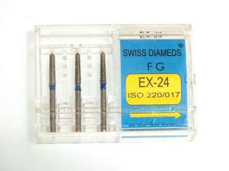 ADDLER DENTAL DIAMOND BUR EX 24 FG AIR ROTOR SWISS DIA PREMIUM BURS. EXCELLENT DIAMOND GRAINS FOR HIGH SPEED ROTOR. PACK OF 3 BURS