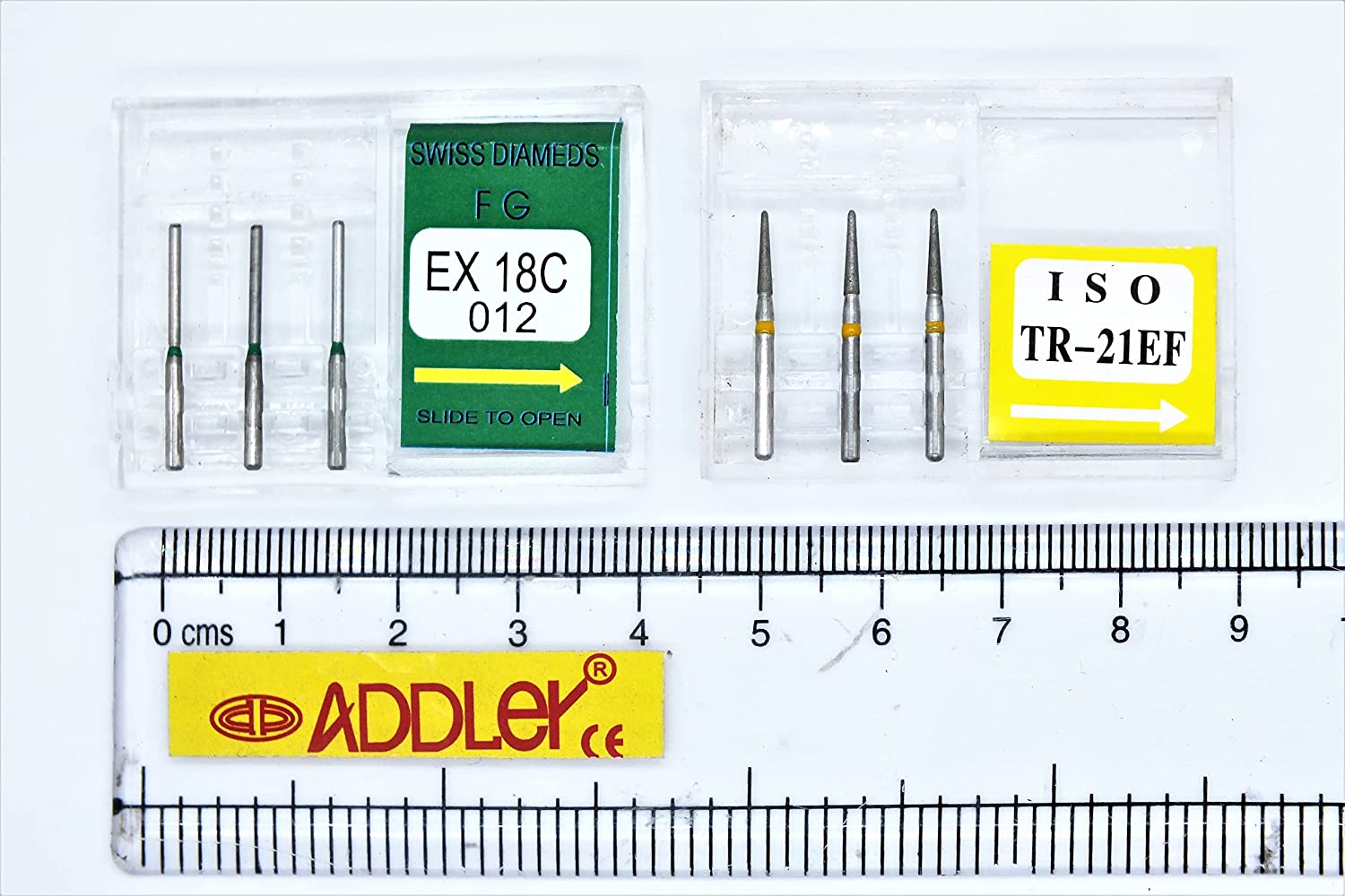 DENTAL SWISS DIA EX18C, TR21EF HIGH SPEED BURS FG DIAMOND COATED 2 PACK OF 6 BURS TOTAL.