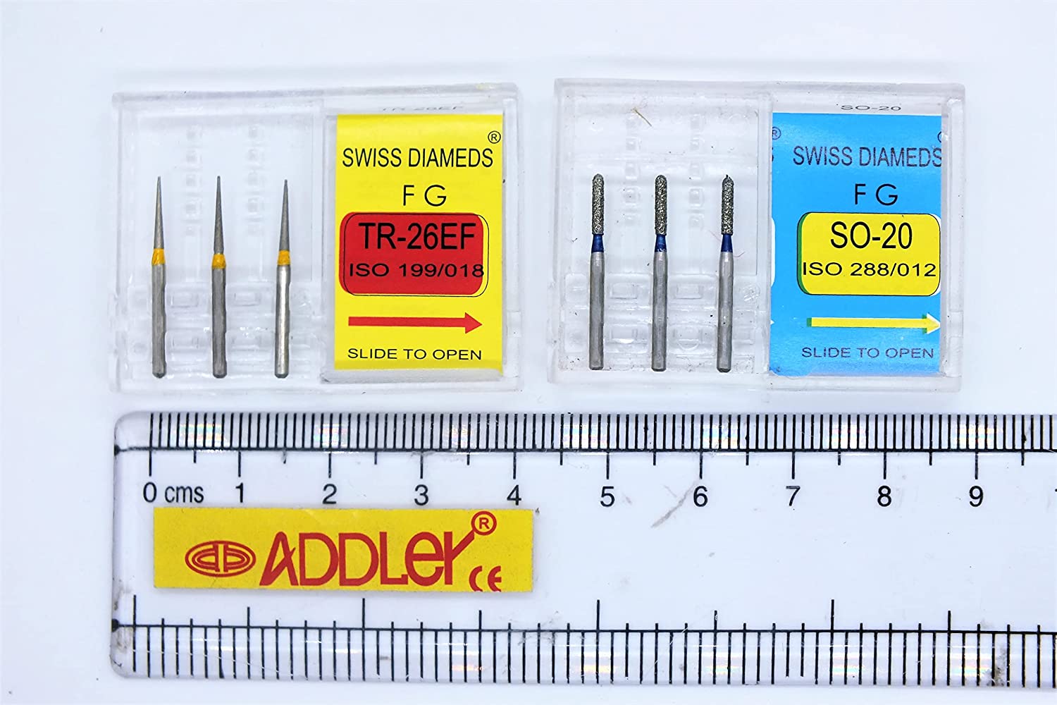 DENTAL SWISS DIA TR-26EF & SO-20 HIGH SPEED BURS FG DIAMOND COATED 2 PACK OF 6 BURS TOTAL.