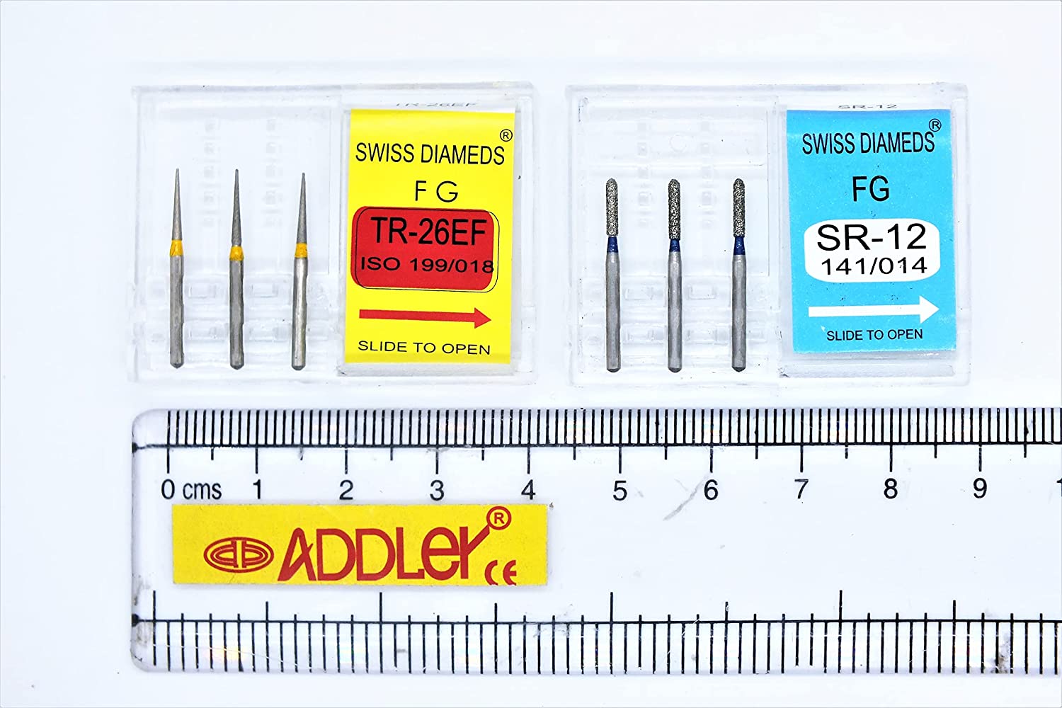 DENTAL BURS TR-26EF & SR-12 FG DIAMOND COATED SWISS DIA HIGH SPEED 2 PACK OF 6 BURS TOTAL.