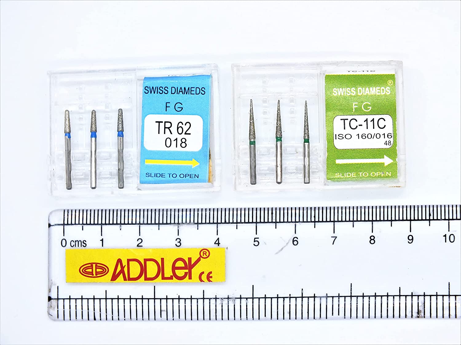 DENTAL BURS FG DIAMOND COATED SWISS DIA TR-62 & TC-11C HIGH SPEED 2 PACK OF 6 BURS TOTAL.