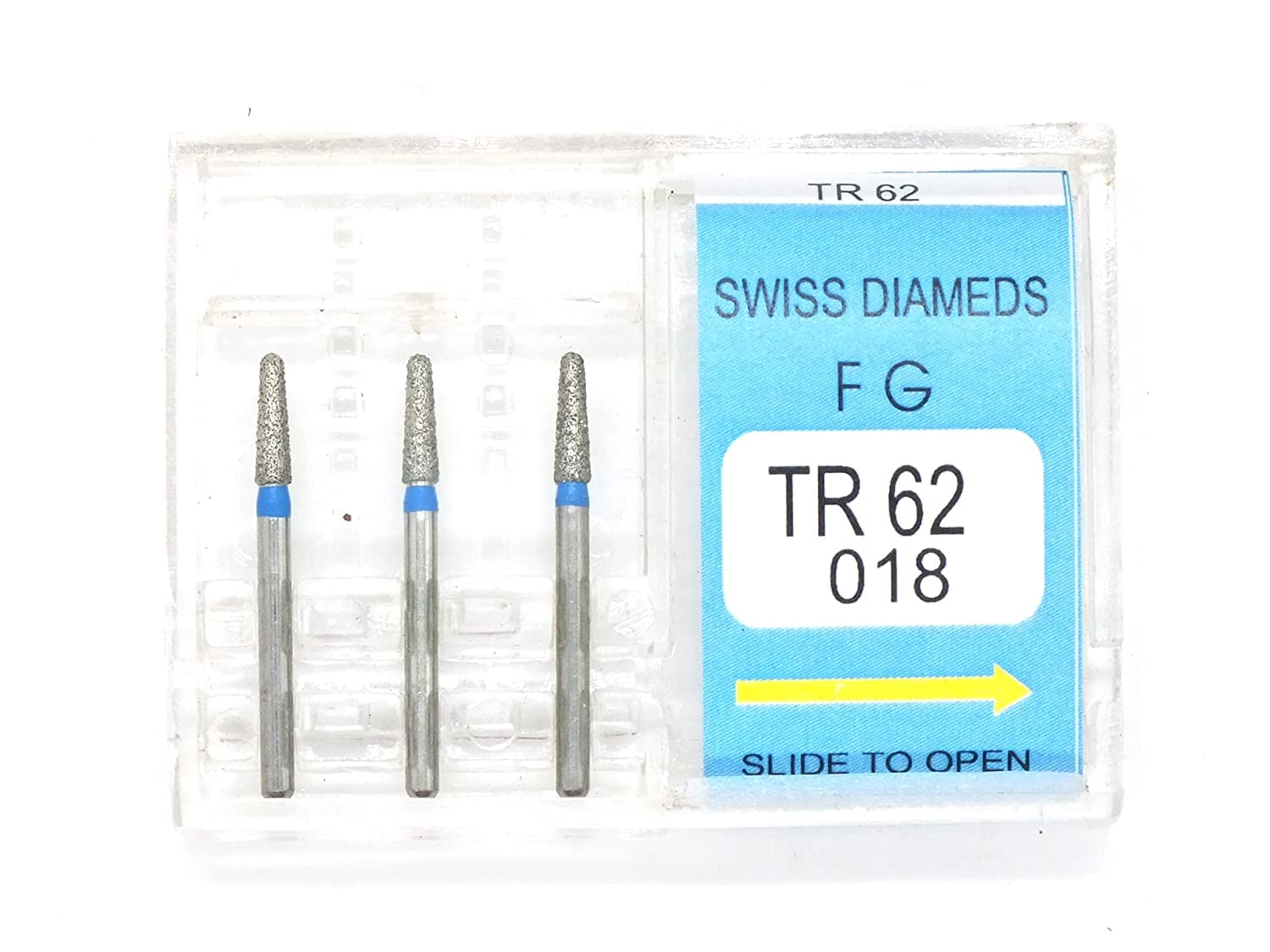 ADDLER DENTAL DIAMOND BUR TR-62 FG AIR ROTOR SWISS DIA PREMIUM BURS. EXCELLENT DIAMOND GRAINS FOR HIGH SPEED ROTOR. PACK OF 3 BURS